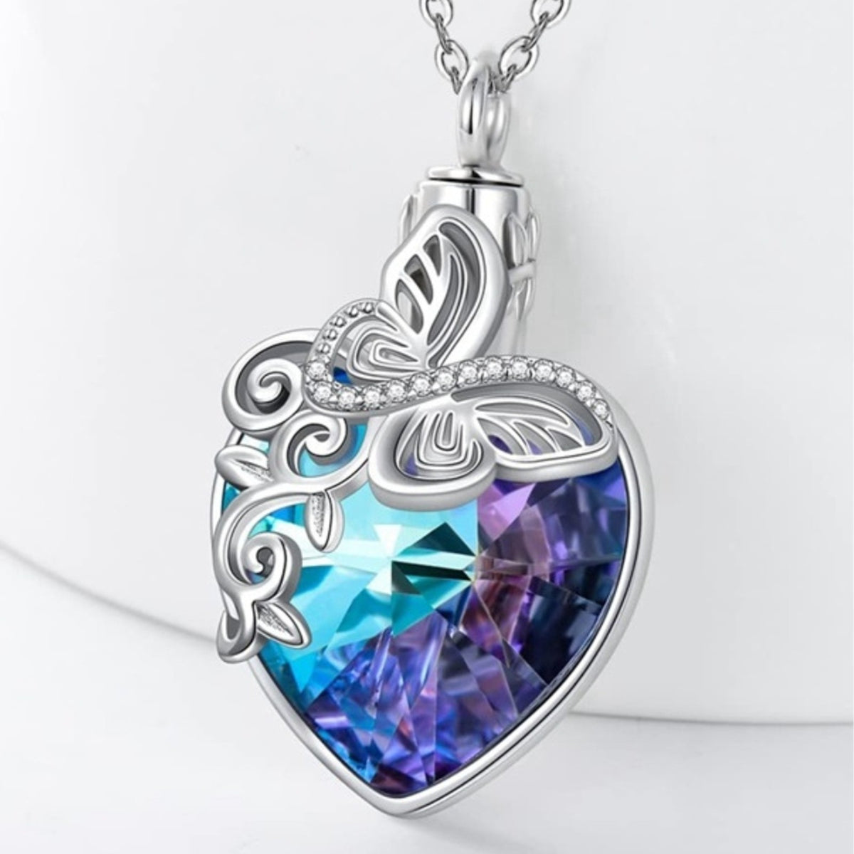 Butterfly Urn Necklace for Ashes - Crystal Heart Memorial Cremation Jewellry B87