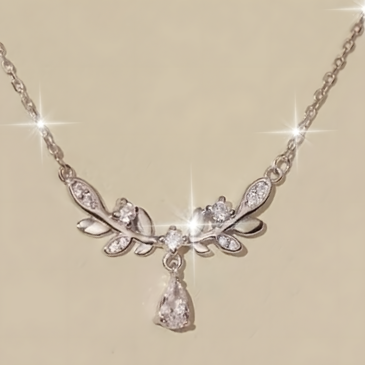 925 Silver Leaf Vine Necklace Women Zinc Alloy Base with Crystal Teardrop 838