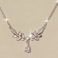 925 Silver Leaf Vine Necklace Women Zinc Alloy Base with Crystal Teardrop 838