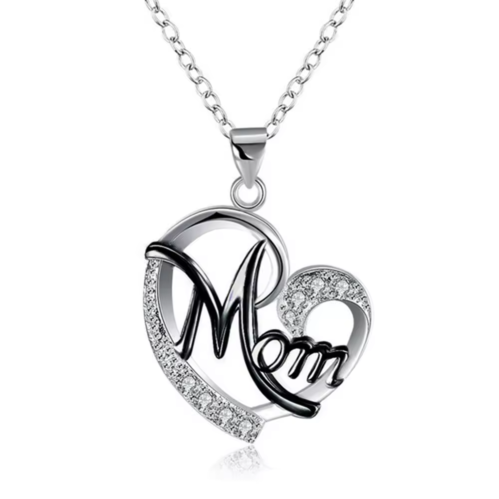 Mom Heart Pendant Necklace Black Plated Link Chain Cubic Zirconia Micro 1362
