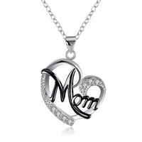 Mom Heart Pendant Necklace Black Plated Link Chain Cubic Zirconia Micro 1362