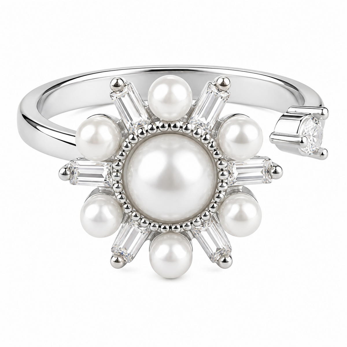Silver Tone Pearl Sunburst Ring Adjustable Open Ring with Baguette Crystal 1593
