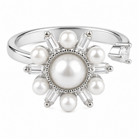 Silver Tone Pearl Sunburst Ring Adjustable Open Ring with Baguette Crystal 1593