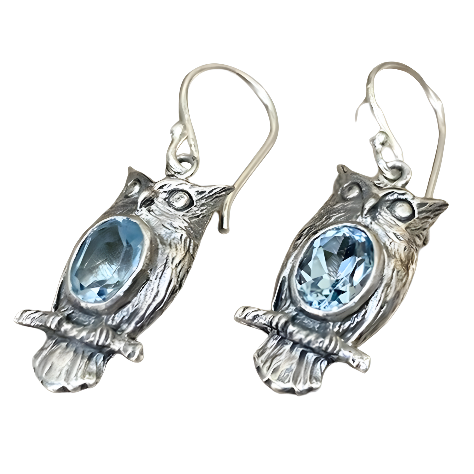 Vintage Silver Owl Dangle Earrings for Women Blue Stone Accent Hook Closure B52