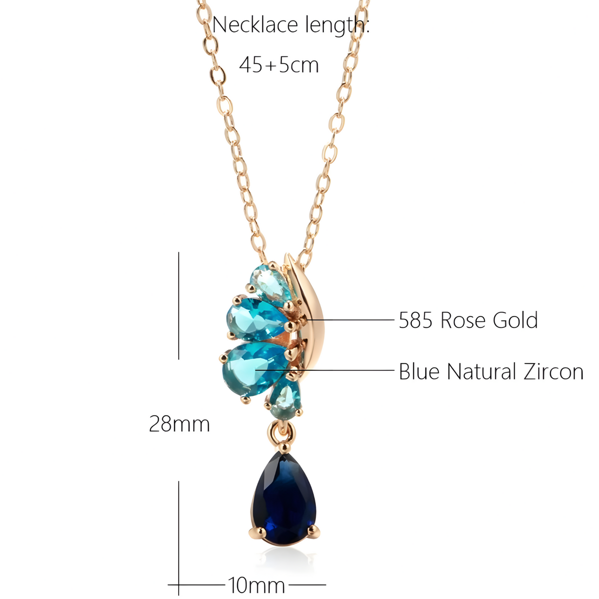 Blue Natural Zircon Pendant Necklace for Women, 585 Rose Gold Color Copper 1269