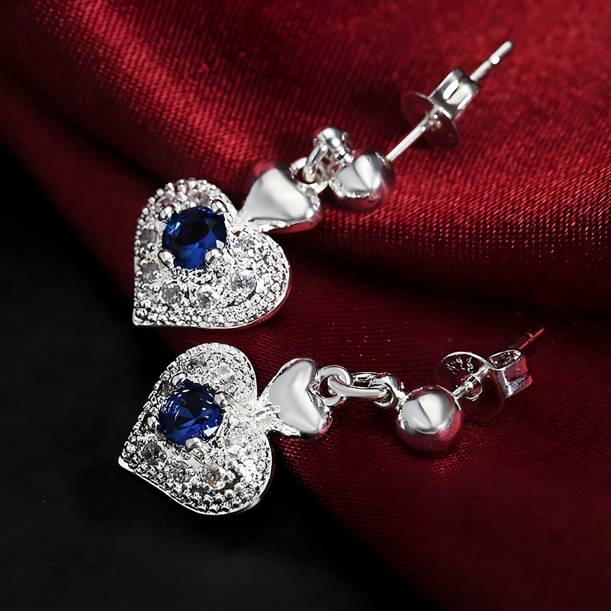 Silver Plated Copper Alloy Heart Jewellery Set For Women, Blue Rhinestone 1706