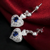 Silver Plated Copper Alloy Heart Jewellery Set For Women, Blue Rhinestone 1706
