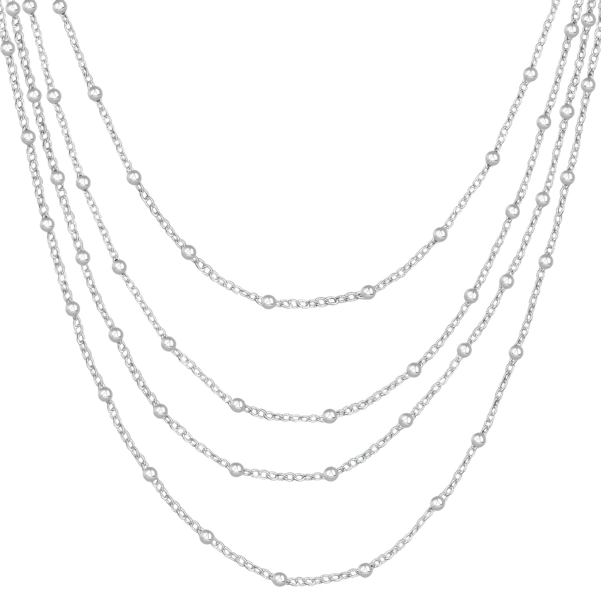 Silver Plated Multilayered Chain Necklace with Beaded Link Details for Women 425