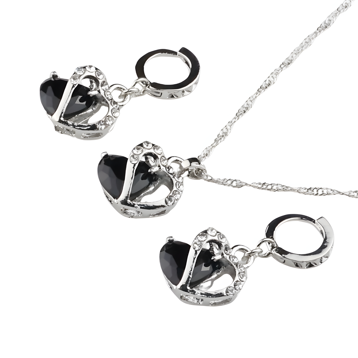 Jet Black Heart Necklace and Earrings Set for Women, Black Heart Pendant 1304