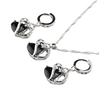 Jet Black Heart Necklace and Earrings Set for Women, Black Heart Pendant 1304
