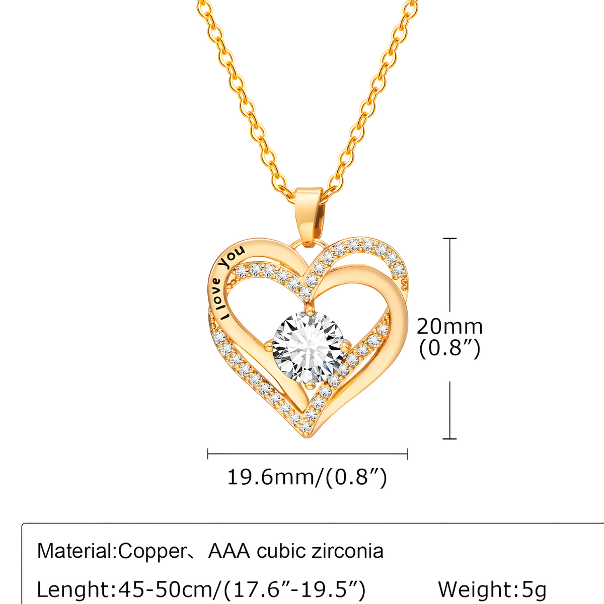 925 Gold Tone "I Love You" Heart Cubic Zirconia Necklace Fashion Jewelry B24