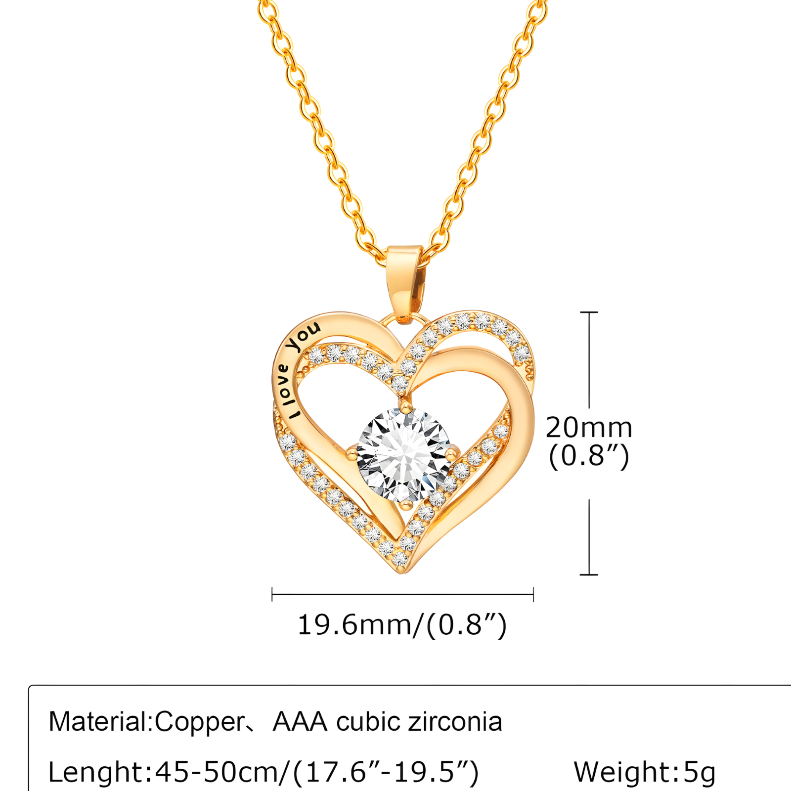 925 Gold Tone "I Love You" Heart Cubic Zirconia Necklace Fashion Jewelry B24