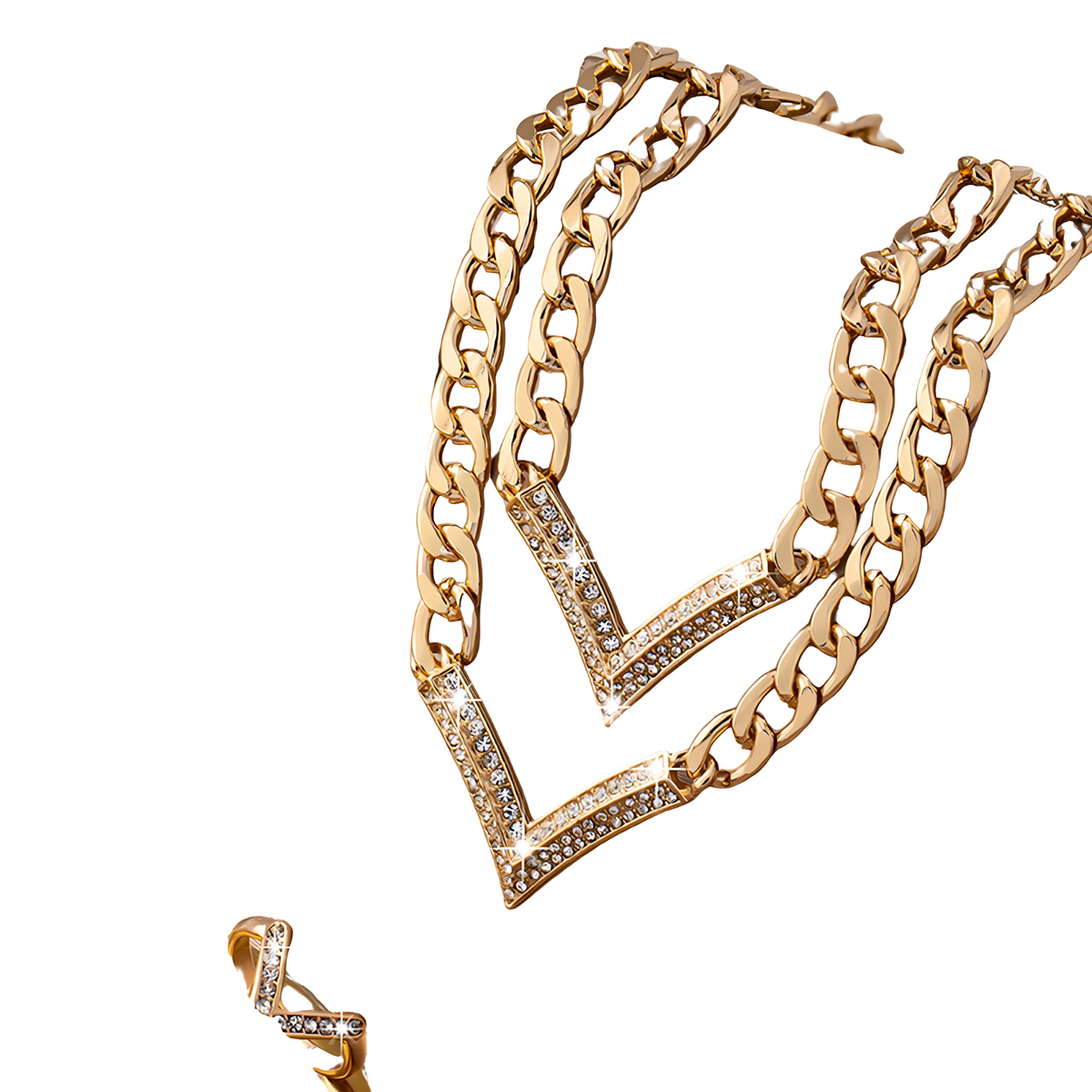 3 PCS Gold V-Shape Rhinestone Jewelry Set Women Sparkling Necklace, Bracelet 710