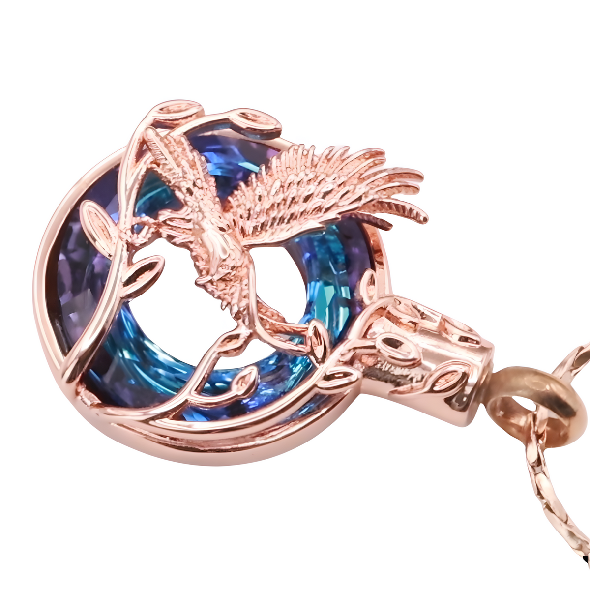 Rose Gold Phoenix Urn Necklace for Ashes Blue Crystal Memorial Pendant B204