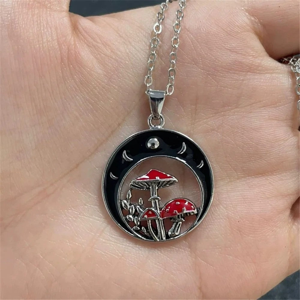 Moon Phase Mushroom Pendant Necklace Silver Plated Gothic Nature Charm B137