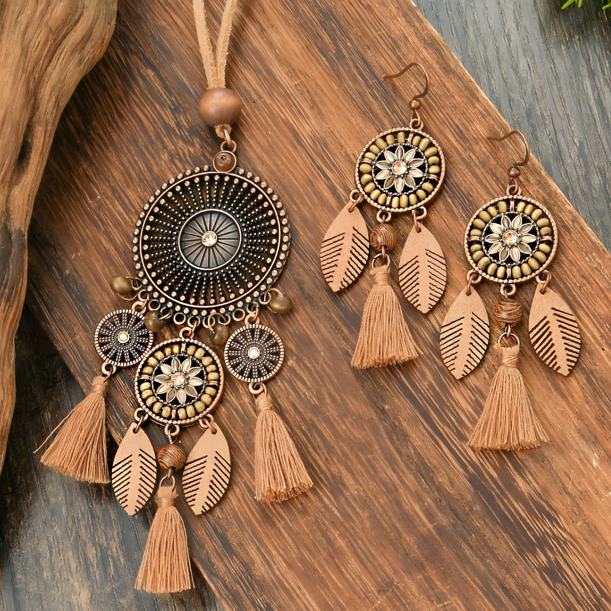Boho Tassel Jewellery Set For Women Brown Flower Medallion Pendant Necklace 1711