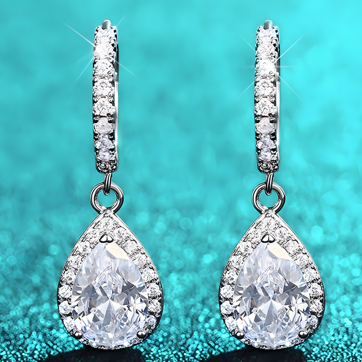 Women’s Rhodium-Plated Alloy Pear Cut Cubic Zirconia Drop Earrings Halo 1445