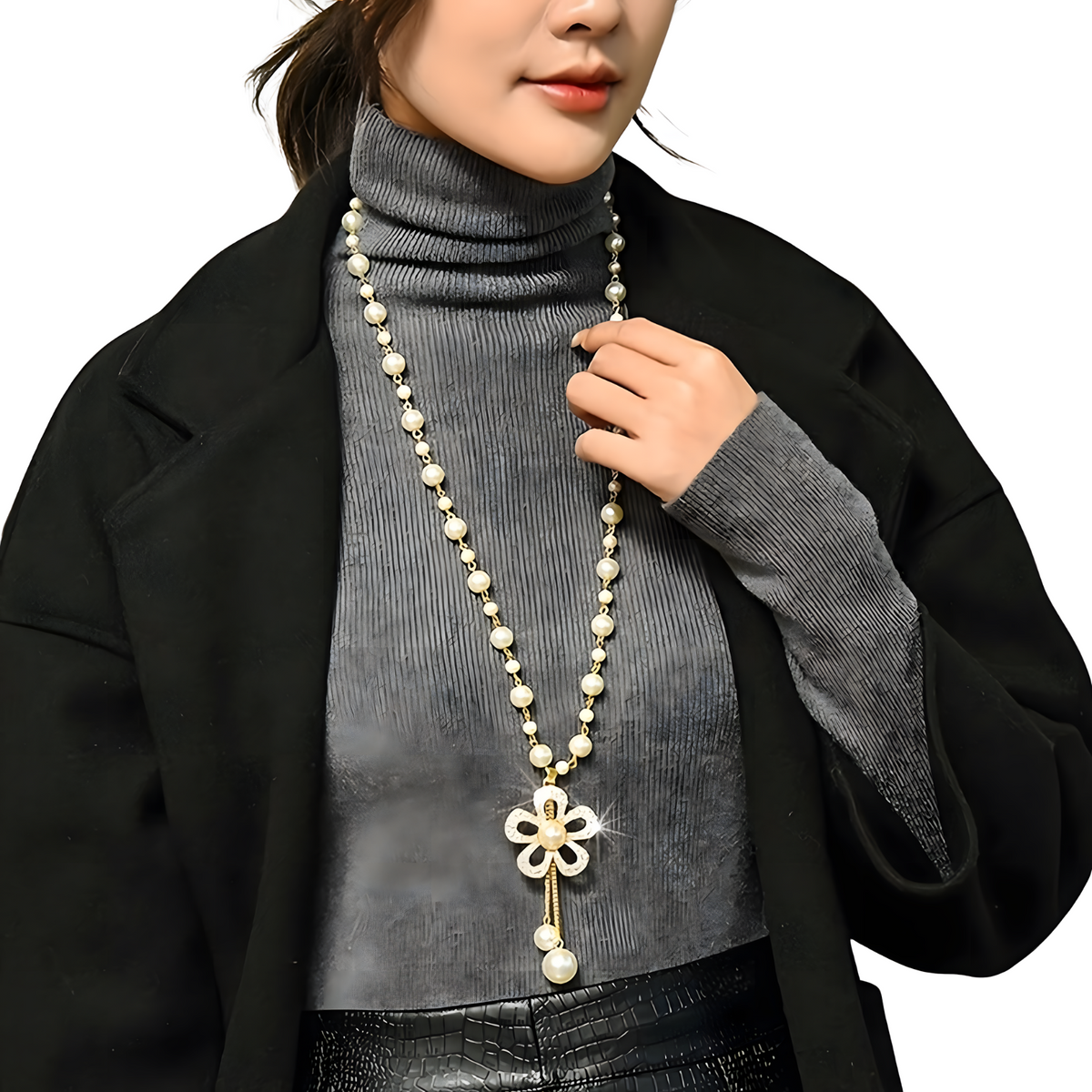 Flower Pearl Pendant Necklace for Women – Elegant Long Link Chain Rhinestone 693