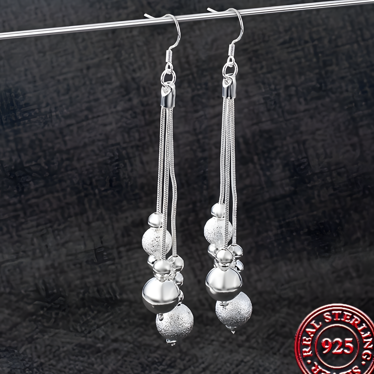 925 Sterling Silver Long Drop Earrings Women  10cm Trendy Round Ball Dangle 808