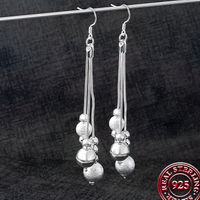 925 Sterling Silver Long Drop Earrings Women  10cm Trendy Round Ball Dangle 808