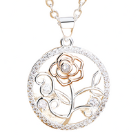 Elegant Rose Flower Diamond Pendant Necklace - Silver Tone Rose Gold Accent B84