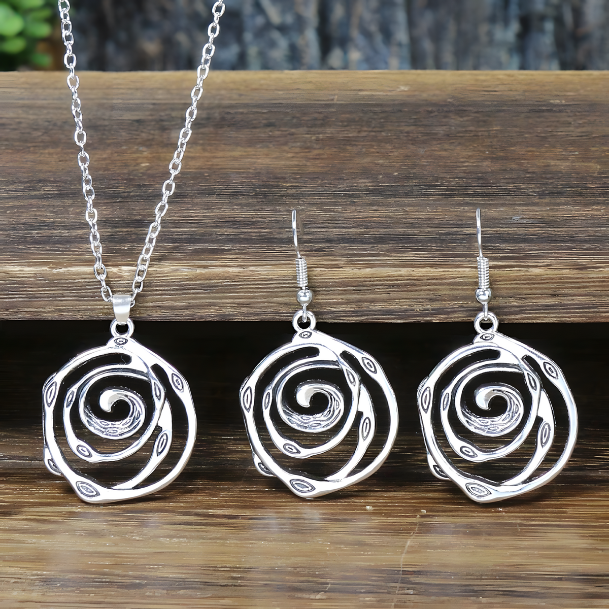 Spiral Rose Jewellery Set Women, Antique Silver Tone Hollow Floral Pendant 1716