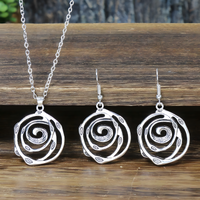 Spiral Rose Jewellery Set Women, Antique Silver Tone Hollow Floral Pendant 1716