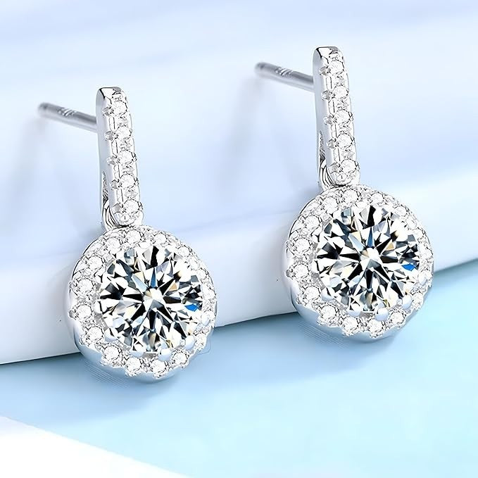 Sterling Silver Cubic Zirconia Halo Drop Earrings - 23mm Dangle Earrings 341