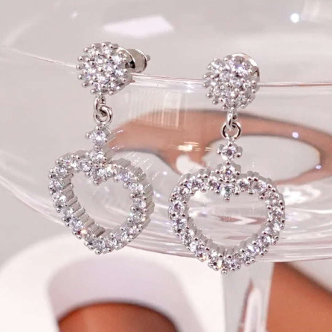 Dazzling Heart Drop Earrings Women Sterling Silver 925, Sparkling CZ Crystal 298
