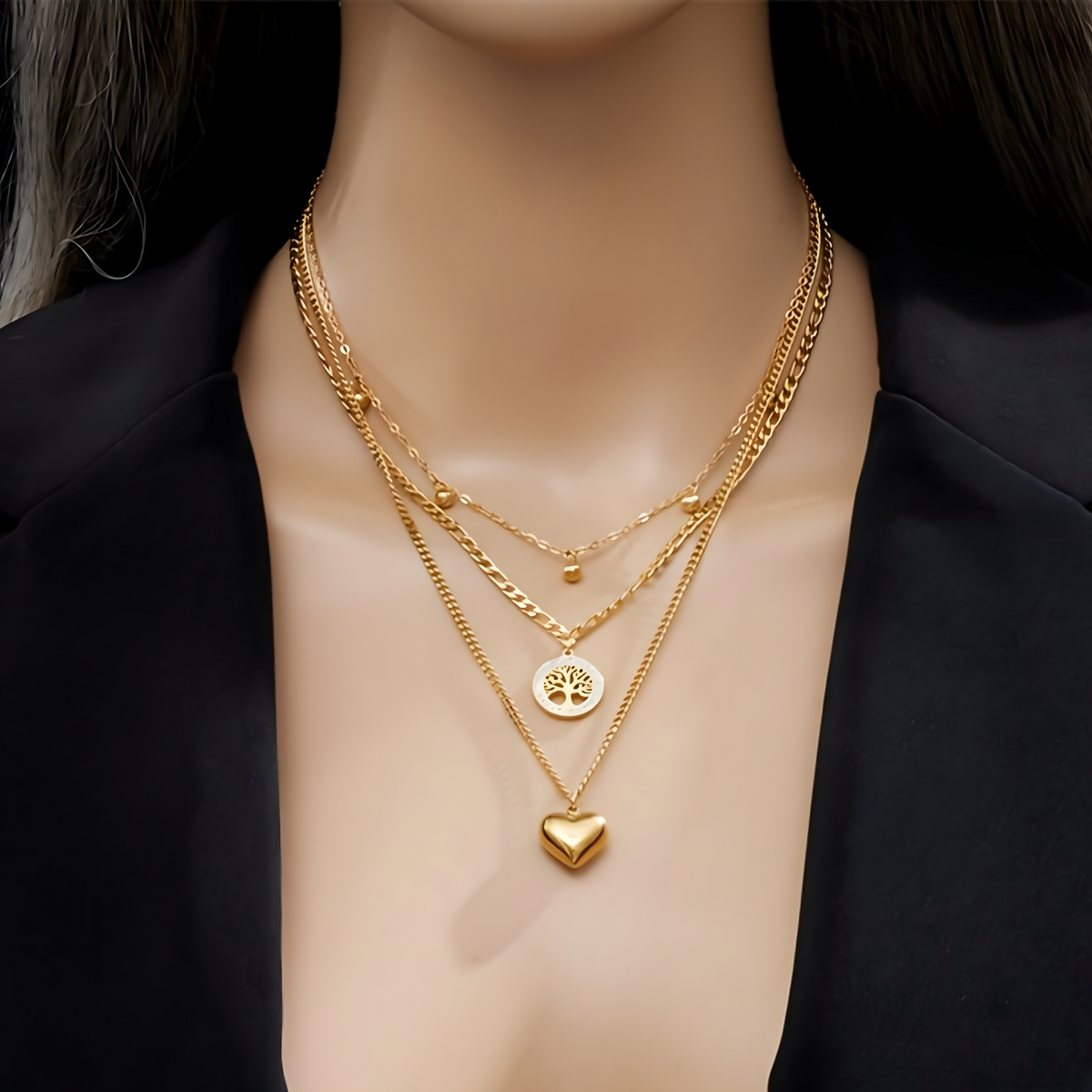 3 PCS Layered Gold Necklace Set Women Heart & Tree of Life Pendant & Earing 704