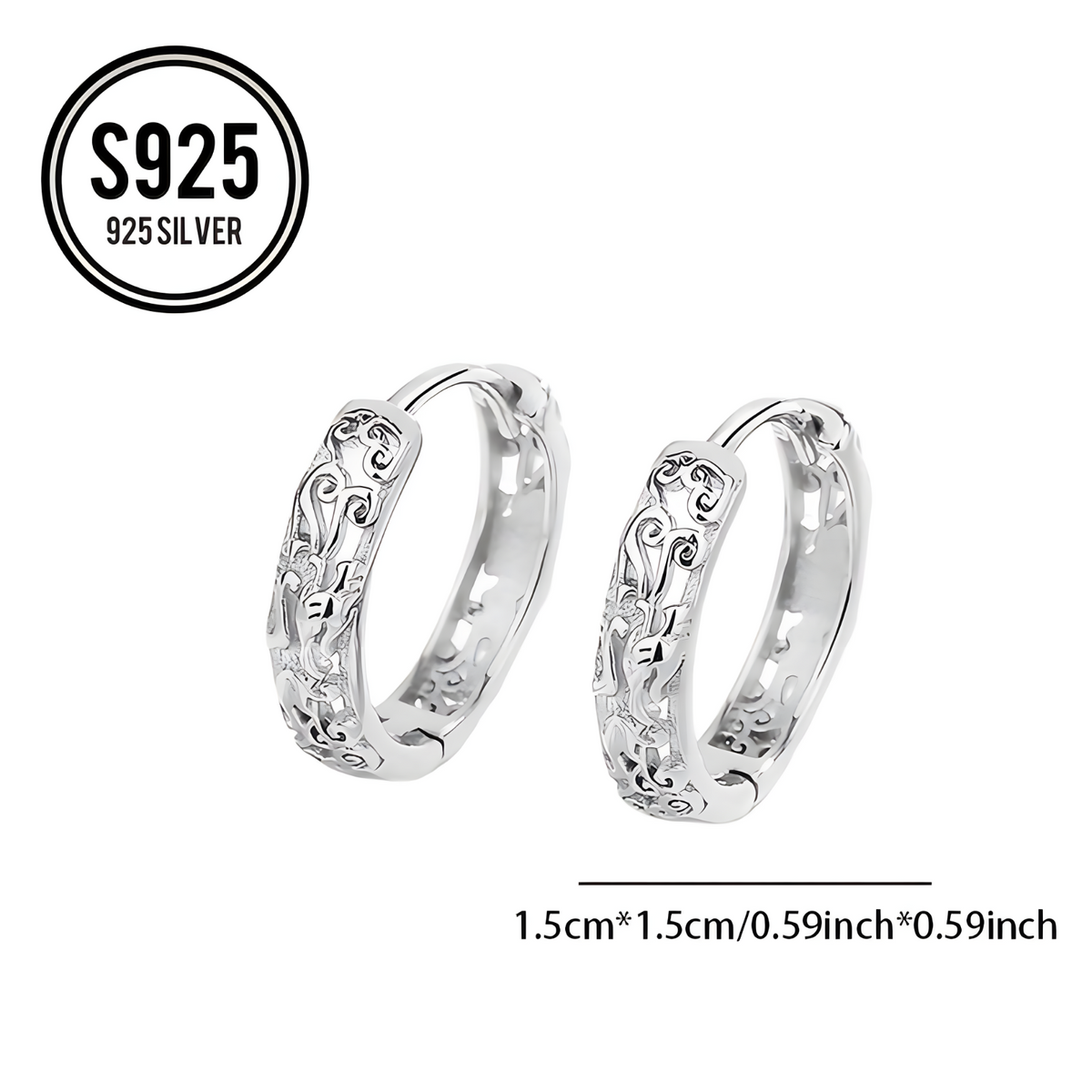 925 Sterling Silver Caved Hollow Pattern Hoop Earrings Huggie Trendy Jewelry 633