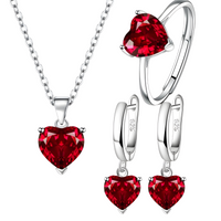 Sterling 925 Silver Heart Crystal Necklace Earrings Ring Set Her Gift Red B33