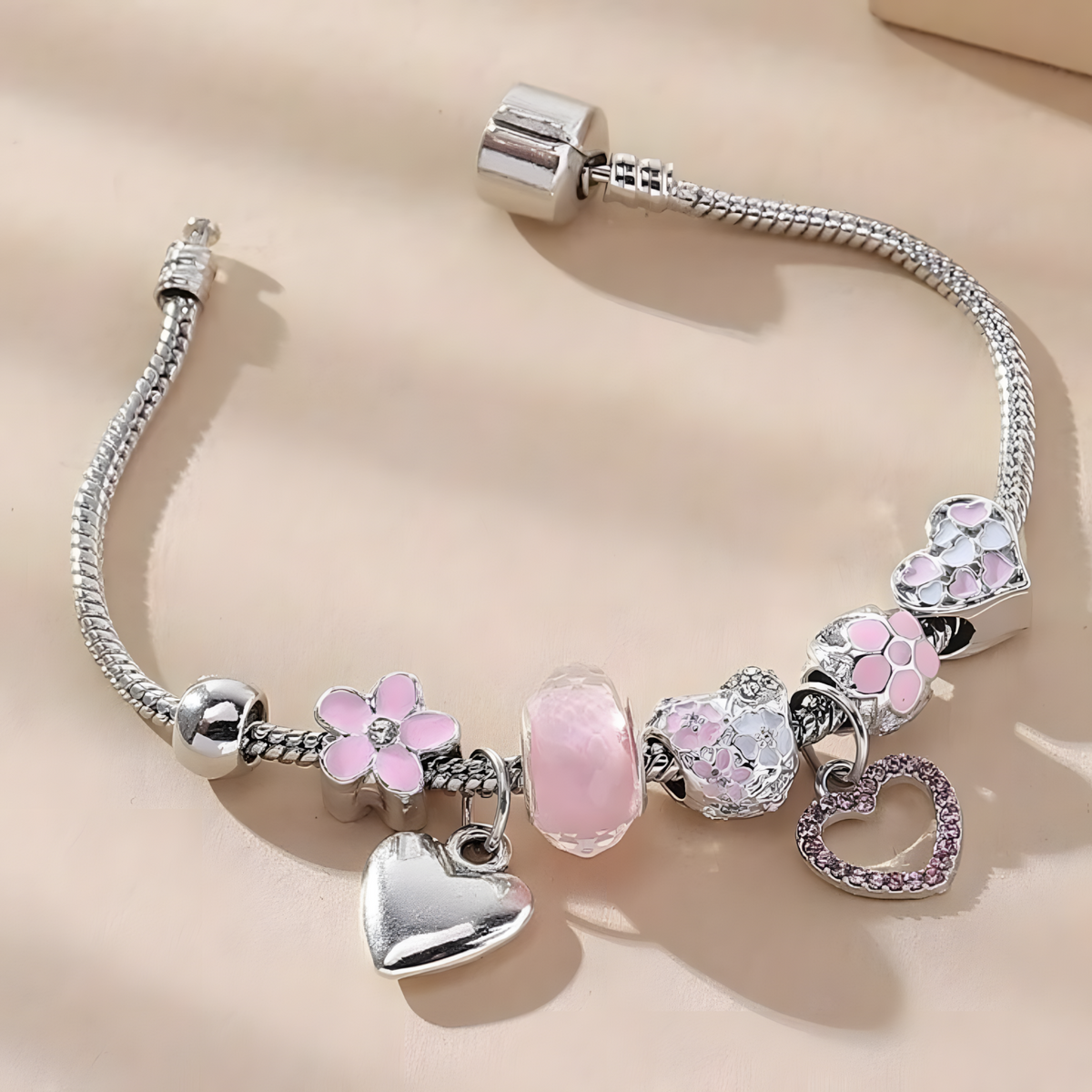 Obega Love Heart Flower Glass Pendant Charm Bracelet Classic Pink White B186