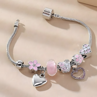 Obega Love Heart Flower Glass Pendant Charm Bracelet Classic Pink White B186