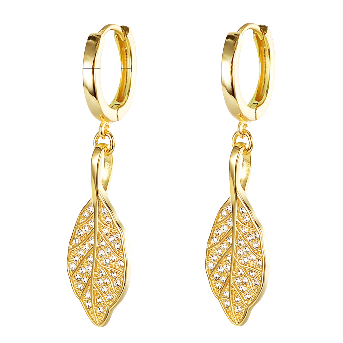 Gold Leaf Drop Hoop Earrings for Women, 925 Sterling Silver Zircon Dangle 301