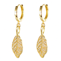 Gold Leaf Drop Hoop Earrings for Women, 925 Sterling Silver Zircon Dangle 301