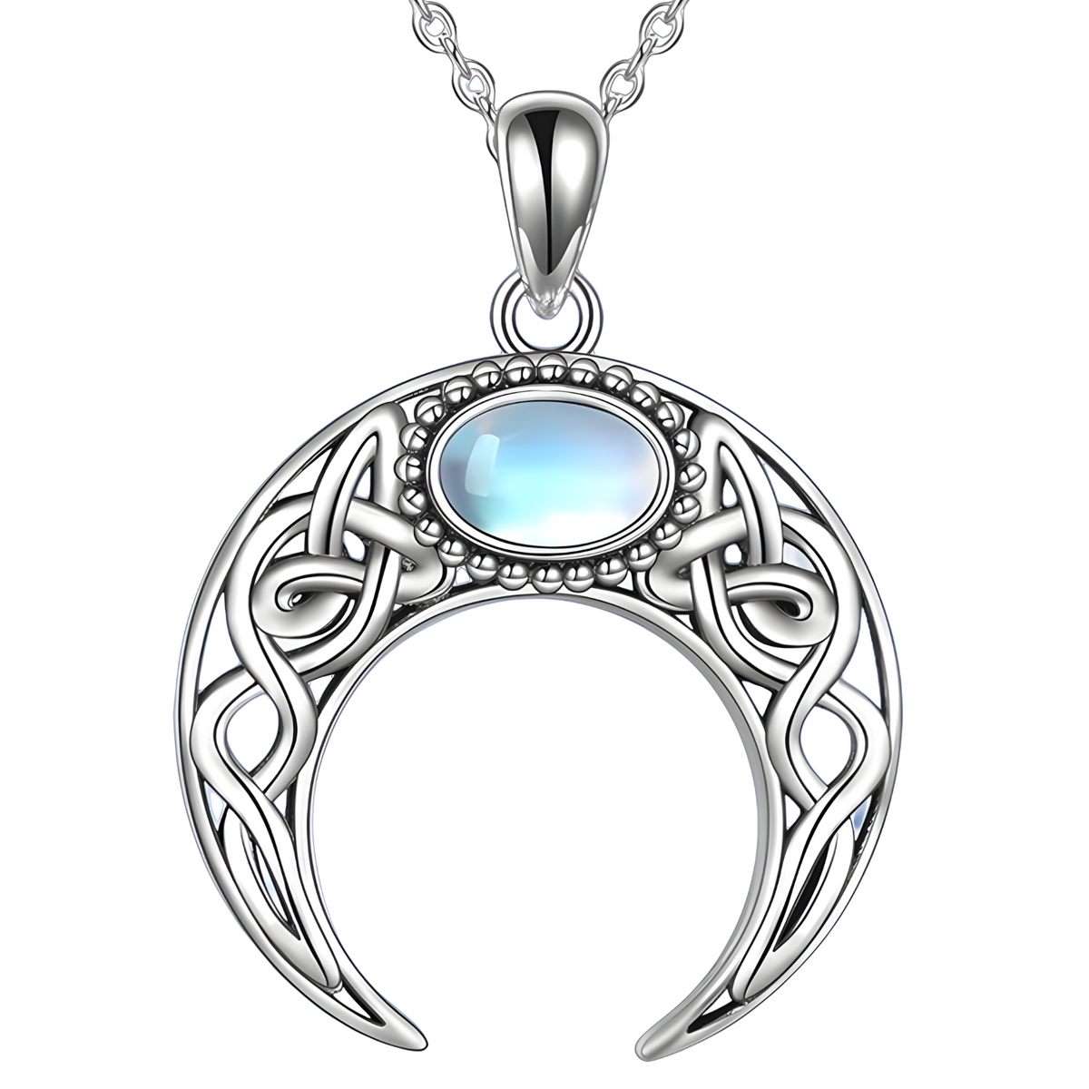 Celtic Crescent Moon Necklace for Women – Zinc Alloy Moon Pendant Blue Opal 1105