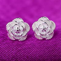 Solid 925 Sterling Silver Flower Stud Earrings for Women, Pretty Rose Floral 470