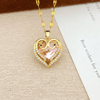 18K Gold Inlaid Pink Crystal Heart Pendant Necklace Cubic Zirconia Micro 1310