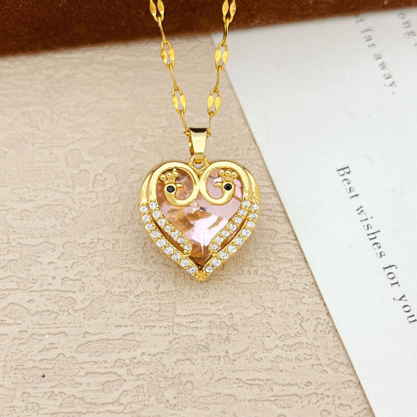 18K Gold Inlaid Pink Crystal Heart Pendant Necklace Cubic Zirconia Micro 1310