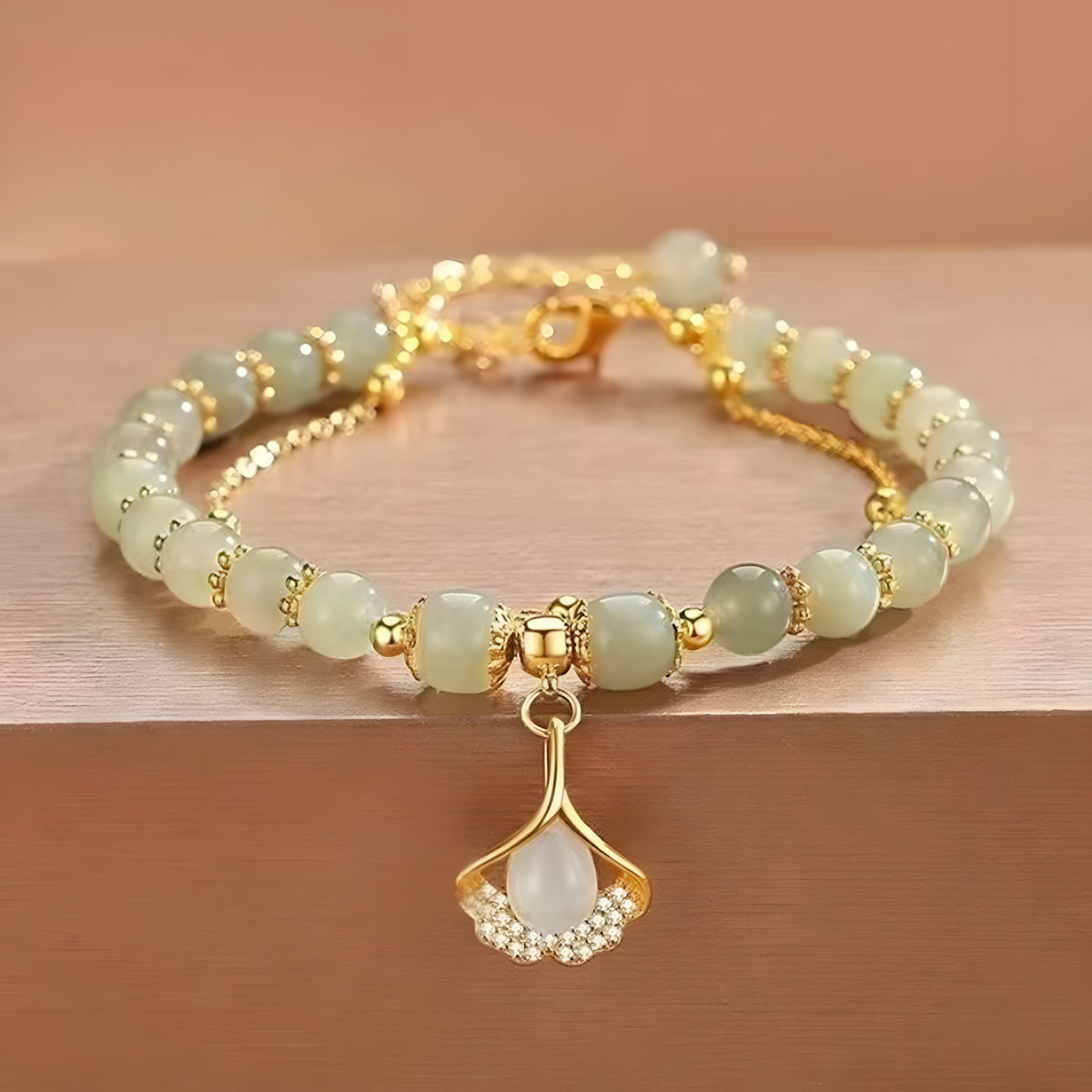 Unified Jewellery Green Beaded Ginkgo Leaf Charm Layered Bracelet 1900