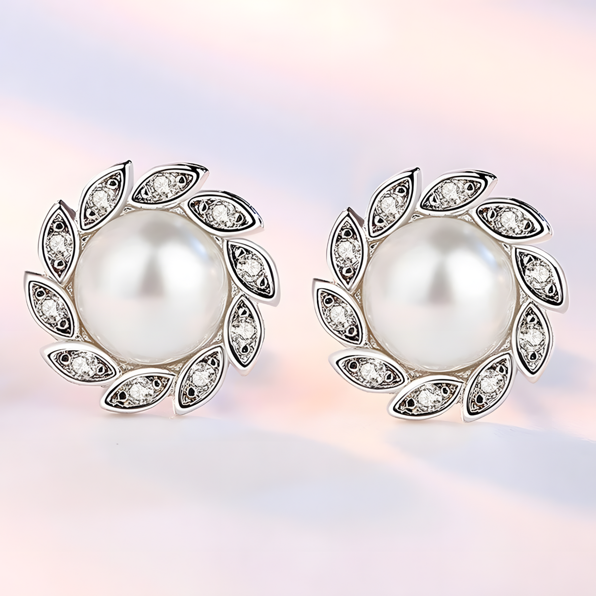 Sterling Silver Pearl Stud Earrings Women - 925 Silver Leaf-Inspired Crystal 310