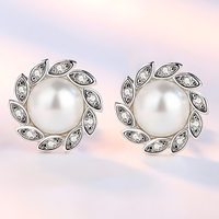 Sterling Silver Pearl Stud Earrings Women - 925 Silver Leaf-Inspired Crystal 310