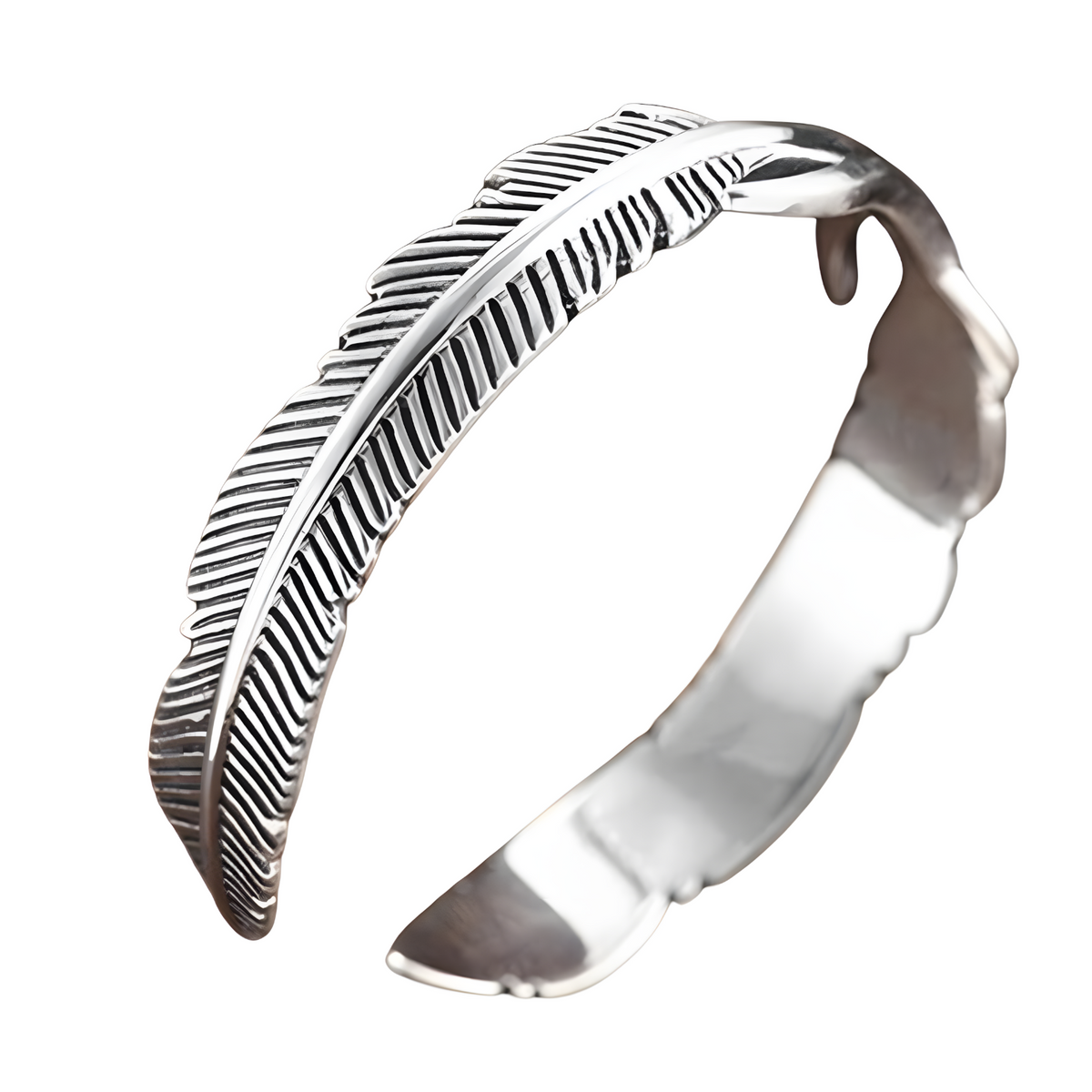 Women Feather Bangle Cuff Bracelet, Retro Silver Color Open Wrist Wrap 606