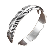 Women Feather Bangle Cuff Bracelet, Retro Silver Color Open Wrist Wrap 606