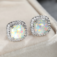 Silver Color Round Wedding Jewelry Stud Earrings with White Fire Opal Stone 601