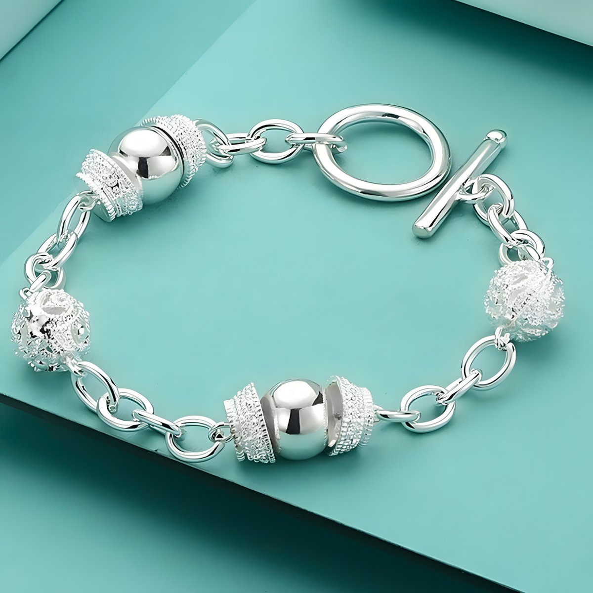 925 Silver Colour Toggle Bracelet for Women 20cm Round Bead Link Chain 1780