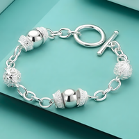 925 Silver Colour Toggle Bracelet for Women 20cm Round Bead Link Chain 1780