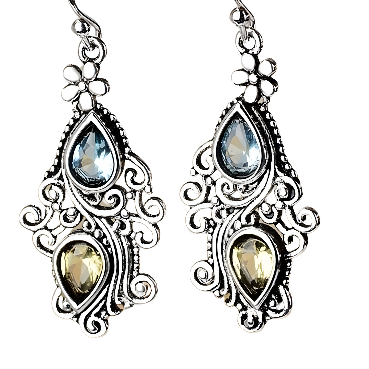 Vintage Floral Drop Earrings Women – Dual Teardrop Gemstone Dangle Earrings 548