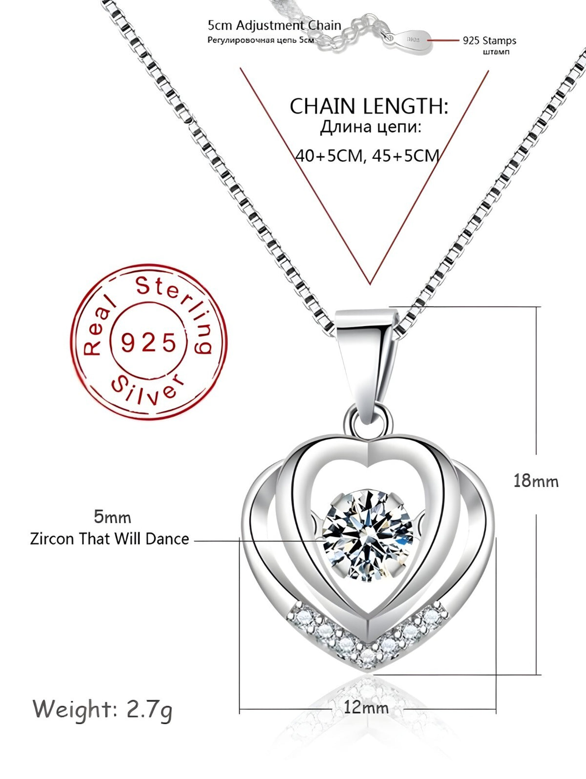 925 Sterling Silver Double Heart Necklace-Dazzling Dancing Zircon,Adjustable 270